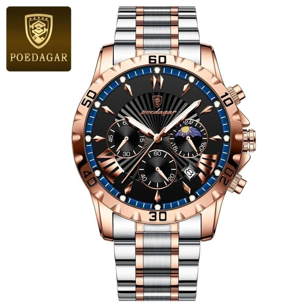 968 Quartz Watch for Men Business Style Gentle Mature Stainless Steel Strap Multi-function Six Hands 3ATM Auto Date