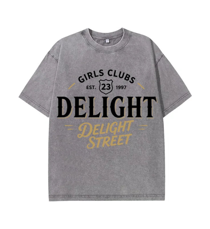 Oversized Washed Retro Delight Street Girls Club Retro Text Print Streetwear T Shirt USA Stock Wholesale Y2K Men Hip Hop Casual