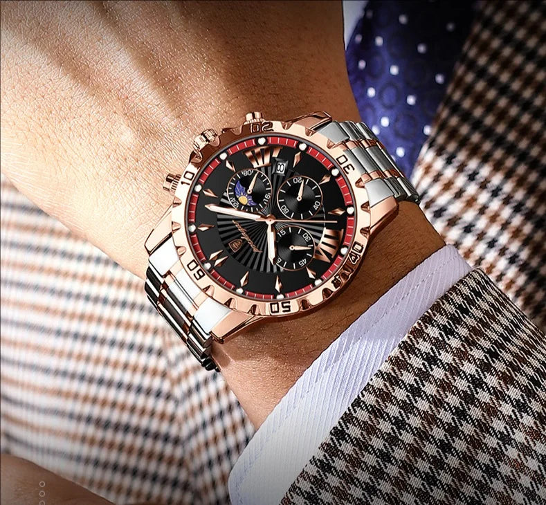 968 Quartz Watch for Men Business Style Gentle Mature Stainless Steel Strap Multi-function Six Hands 3ATM Auto Date