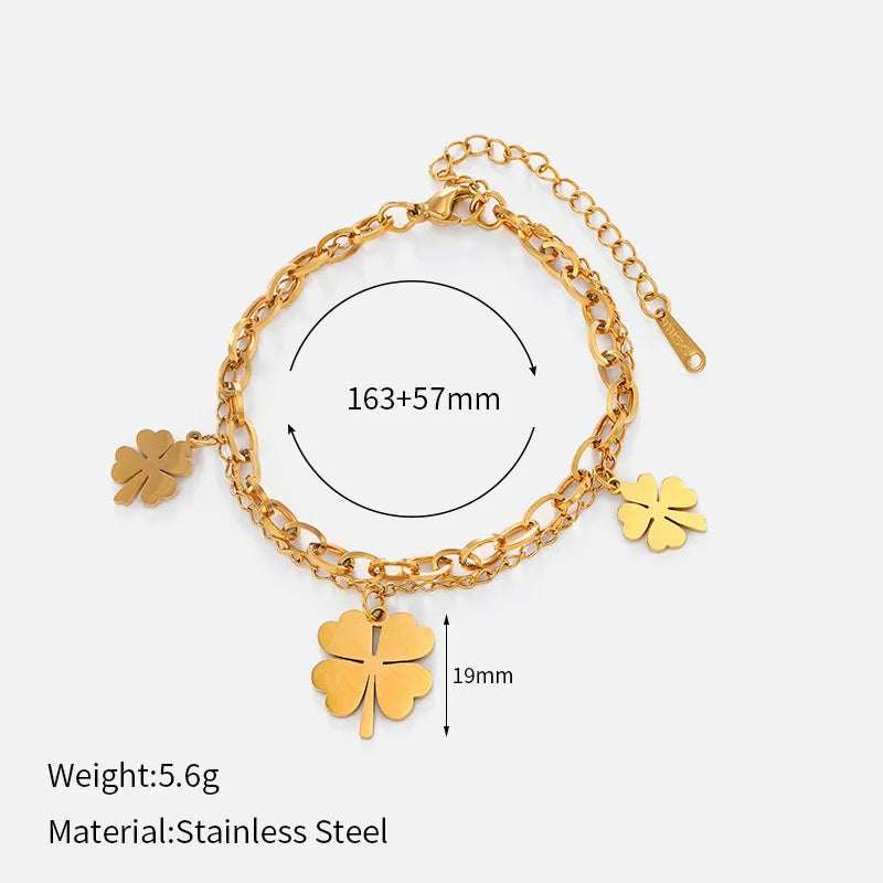 European American High-End Design Double-Layer Stainless Steel for Bracelet for Women Fashion Beaded Four-leaf Clover Steel