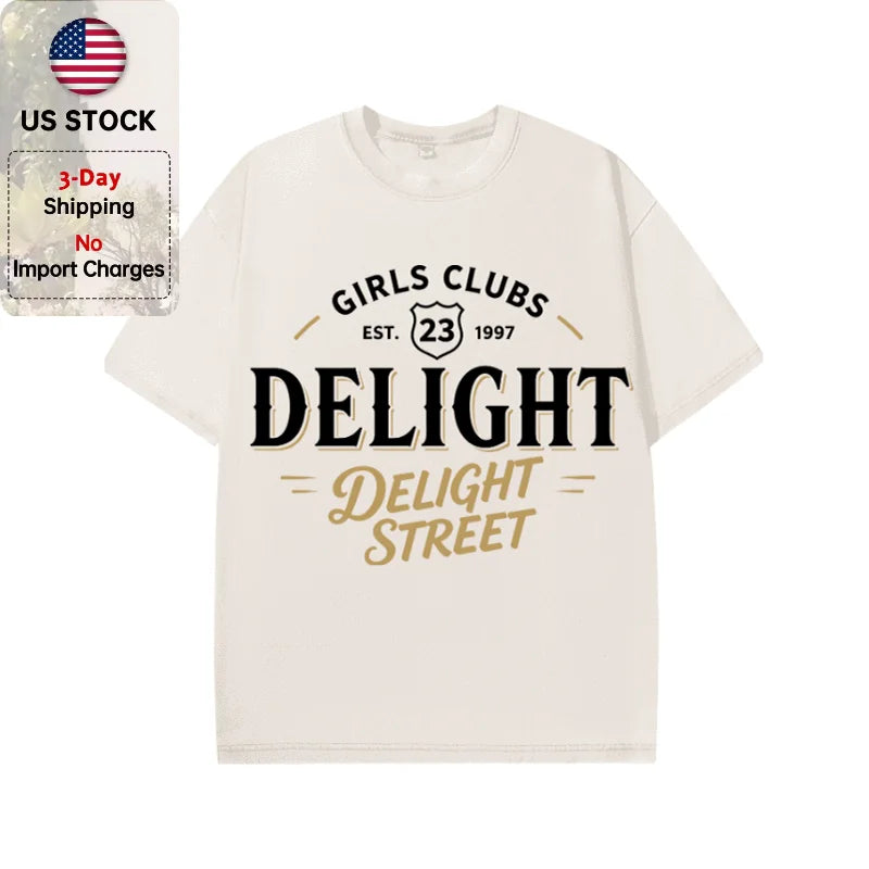 Oversized Washed Retro Delight Street Girls Club Retro Text Print Streetwear T Shirt USA Stock Wholesale Y2K Men Hip Hop Casual