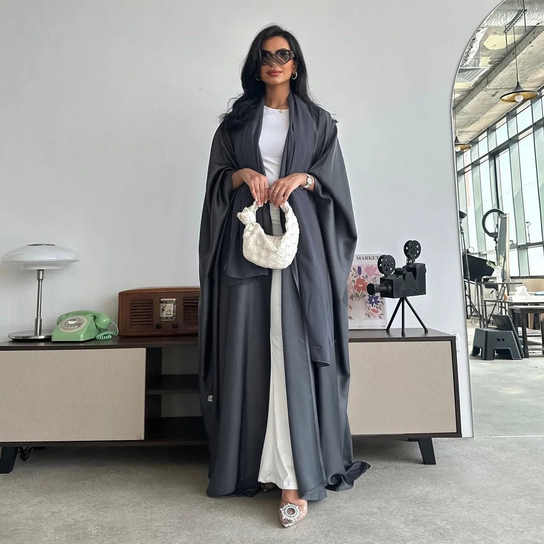 Latest Chic Solid Color Batwing Sleeve Open Abaya Satin Islamic Clothing Women Modest Abaya Dresses Kimono Cardigan Plaid Muslim
