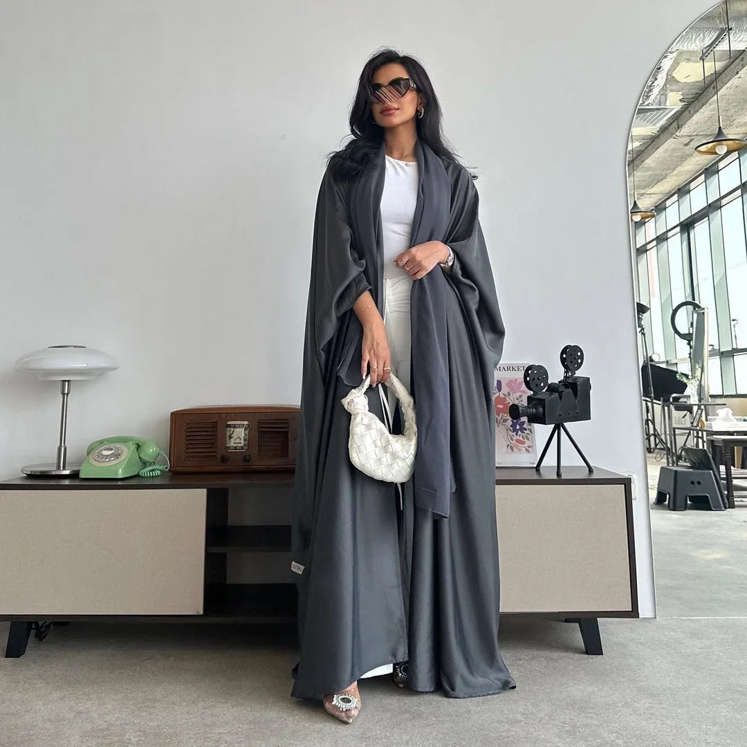 Latest Chic Solid Color Batwing Sleeve Open Abaya Satin Islamic Clothing Women Modest Abaya Dresses Kimono Cardigan Plaid Muslim