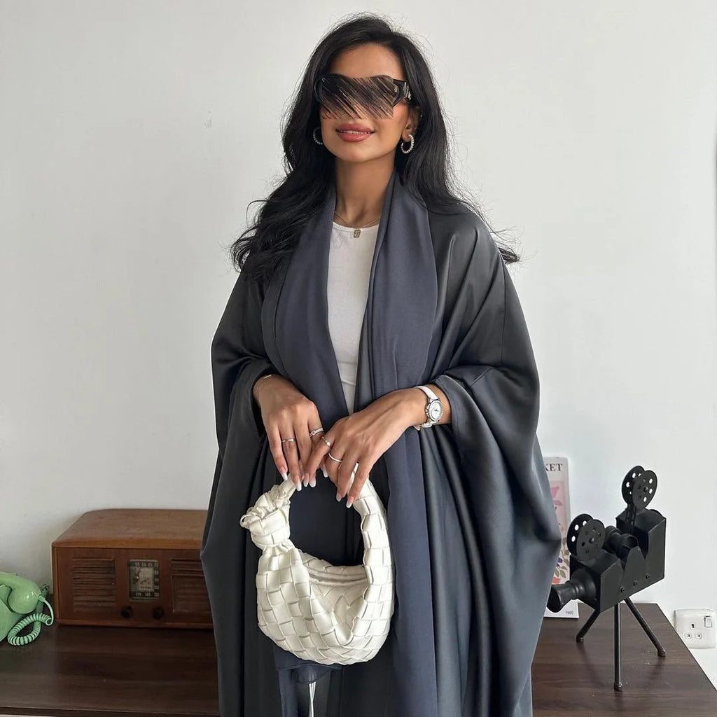 Latest Chic Solid Color Batwing Sleeve Open Abaya Satin Islamic Clothing Women Modest Abaya Dresses Kimono Cardigan Plaid Muslim