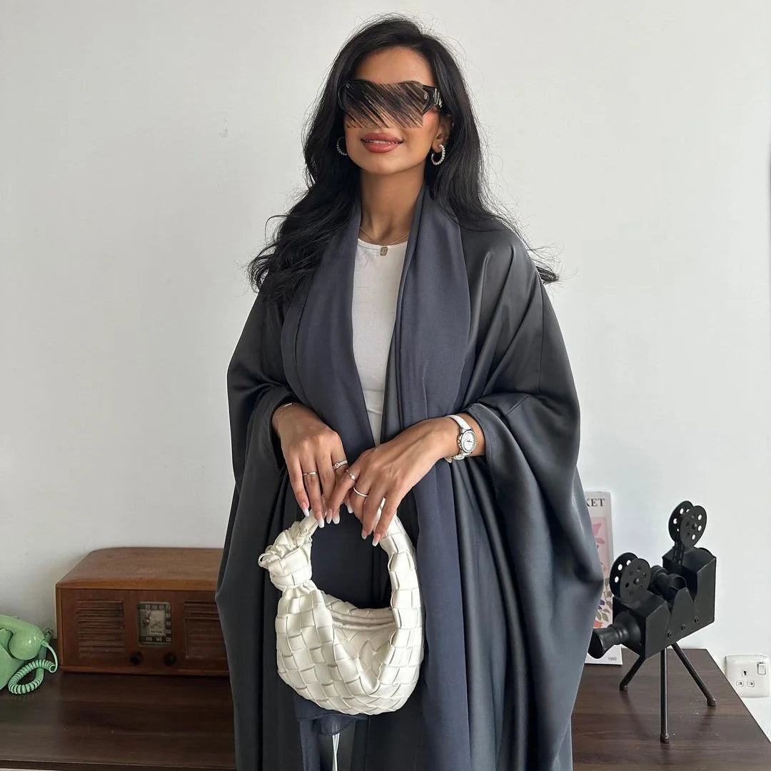 Latest Chic Solid Color Batwing Sleeve Open Abaya Satin Islamic Clothing Women Modest Abaya Dresses Kimono Cardigan Plaid Muslim