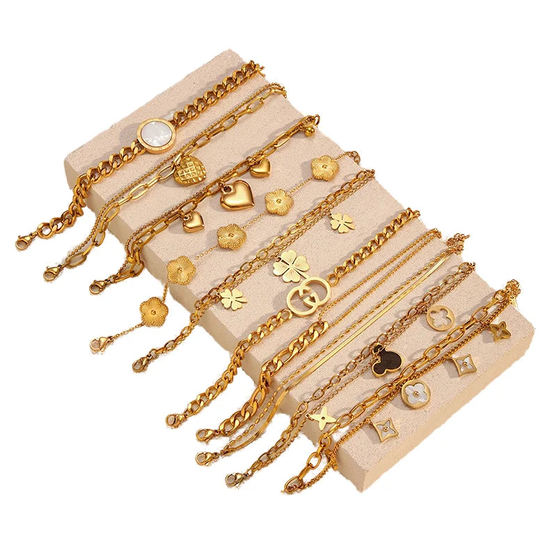 European American High-End Design Double-Layer Stainless Steel for Bracelet for Women Fashion Beaded Four-leaf Clover Steel
