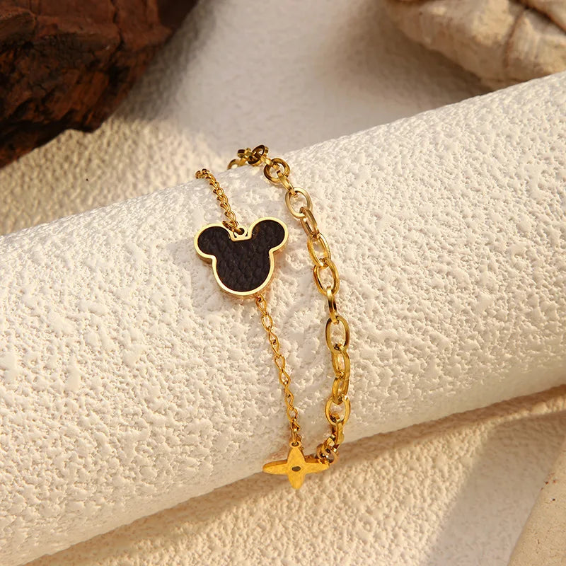 European American High-End Design Double-Layer Stainless Steel for Bracelet for Women Fashion Beaded Four-leaf Clover Steel