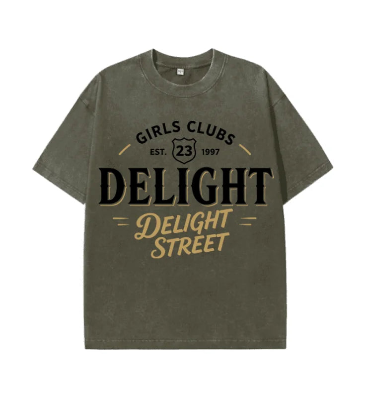 Oversized Washed Retro Delight Street Girls Club Retro Text Print Streetwear T Shirt USA Stock Wholesale Y2K Men Hip Hop Casual