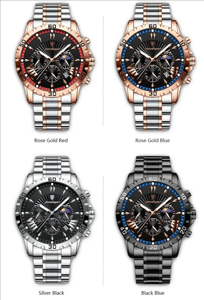 968 Quartz Watch for Men Business Style Gentle Mature Stainless Steel Strap Multi-function Six Hands 3ATM Auto Date