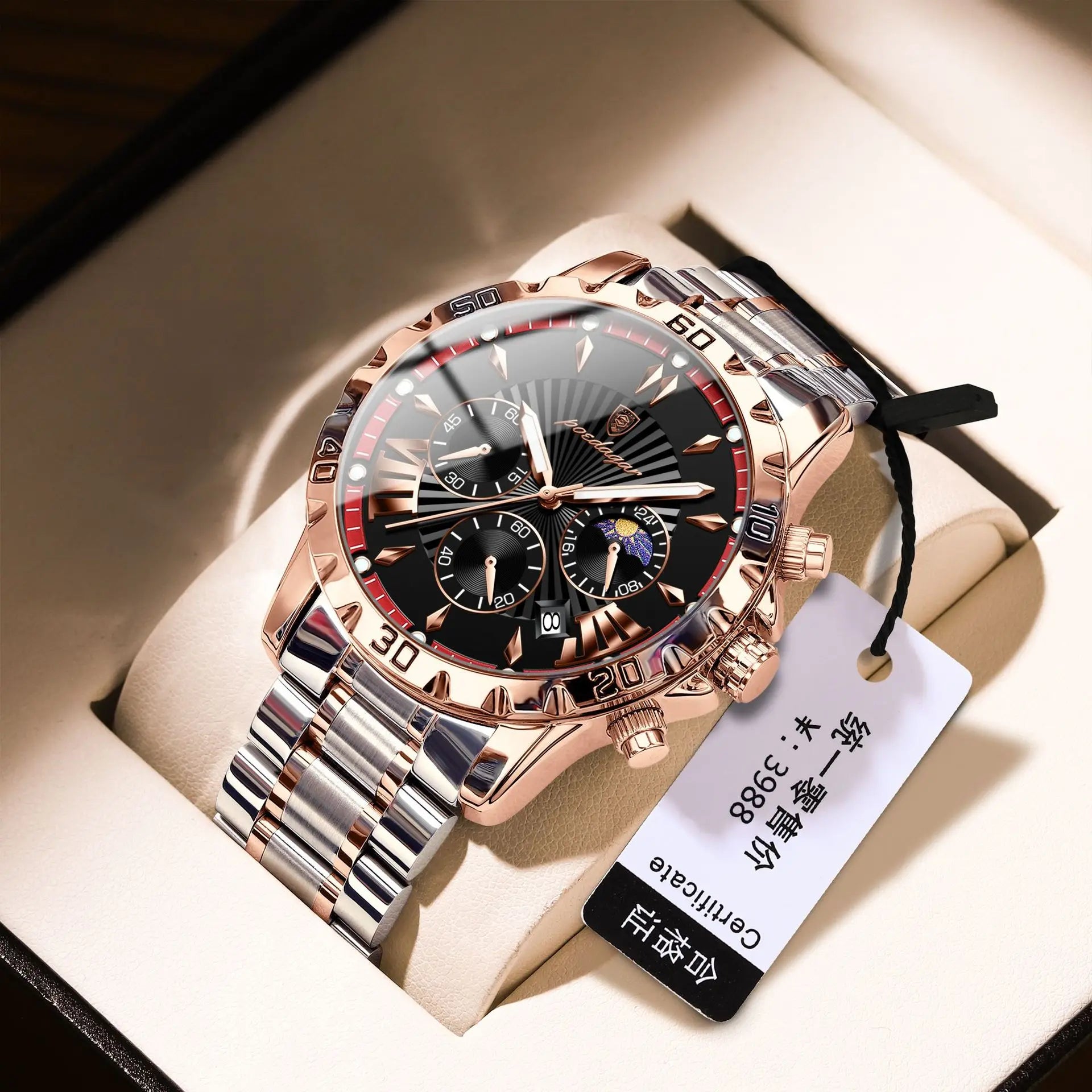 968 Quartz Watch for Men Business Style Gentle Mature Stainless Steel Strap Multi-function Six Hands 3ATM Auto Date
