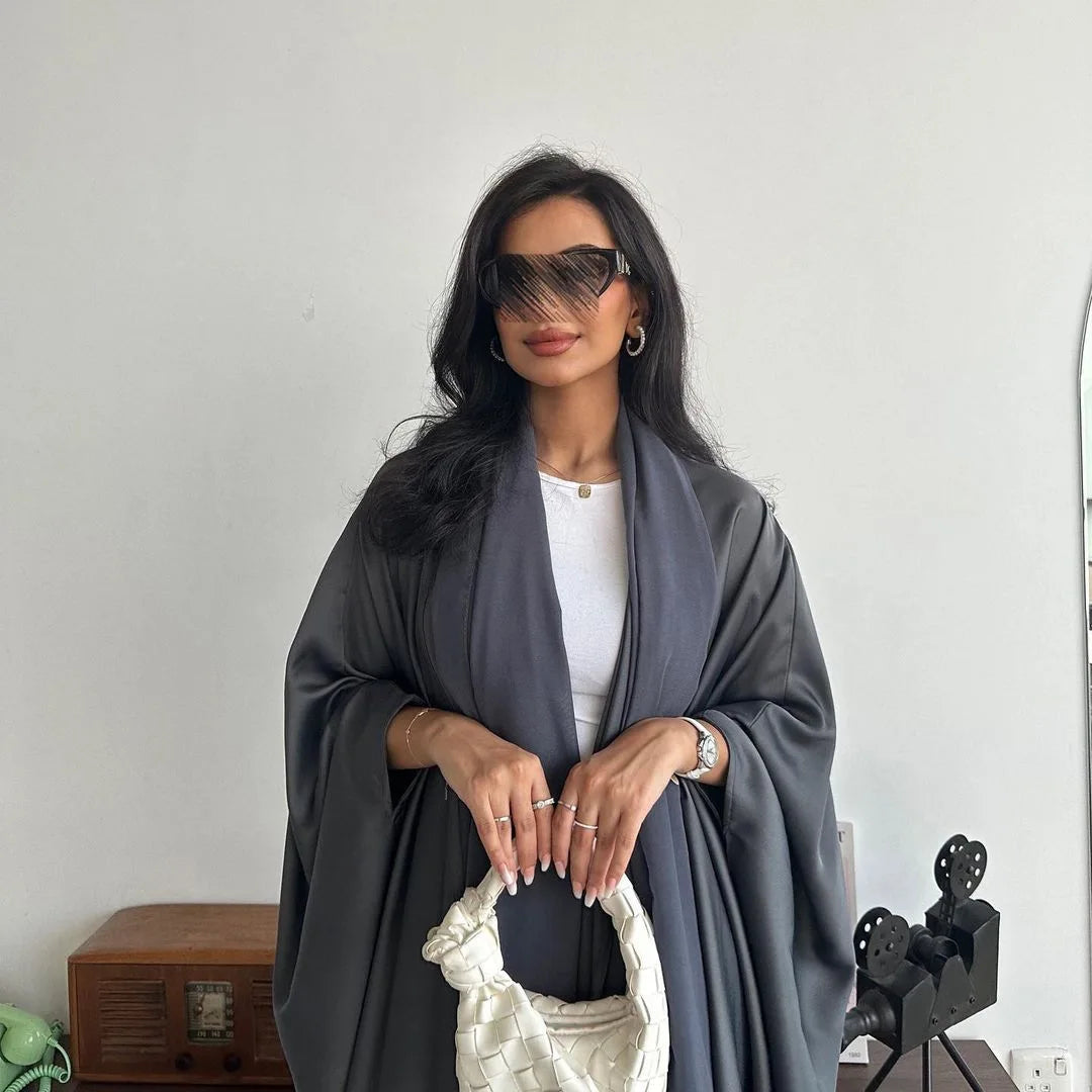 Latest Chic Solid Color Batwing Sleeve Open Abaya Satin Islamic Clothing Women Modest Abaya Dresses Kimono Cardigan Plaid Muslim