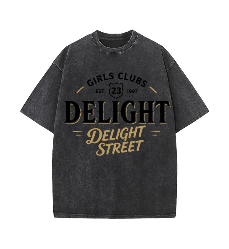 Oversized Washed Retro Delight Street Girls Club Retro Text Print Streetwear T Shirt USA Stock Wholesale Y2K Men Hip Hop Casual