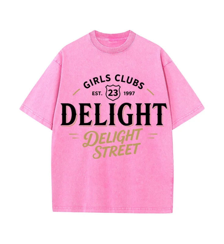 Oversized Washed Retro Delight Street Girls Club Retro Text Print Streetwear T Shirt USA Stock Wholesale Y2K Men Hip Hop Casual
