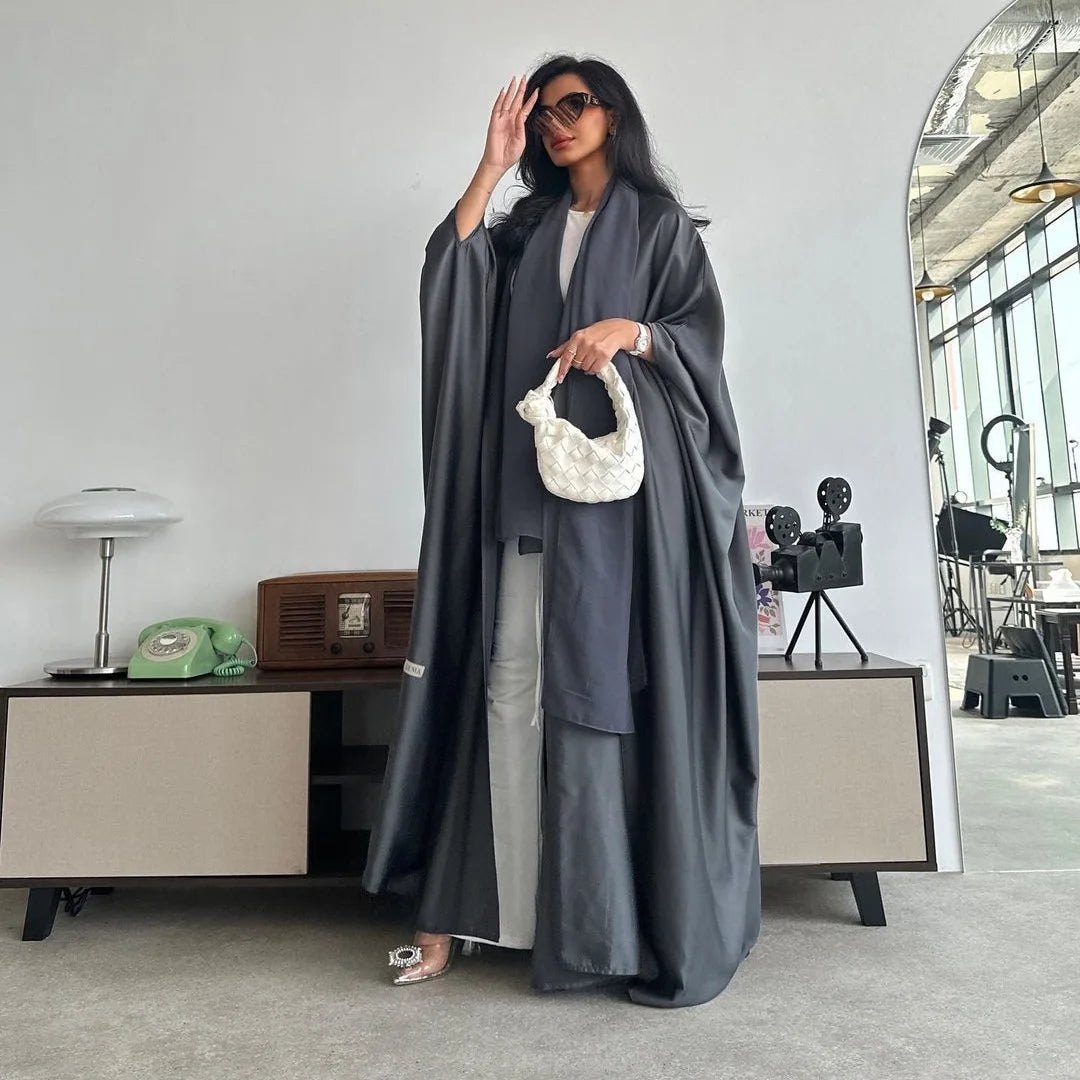 Latest Chic Solid Color Batwing Sleeve Open Abaya Satin Islamic Clothing Women Modest Abaya Dresses Kimono Cardigan Plaid Muslim