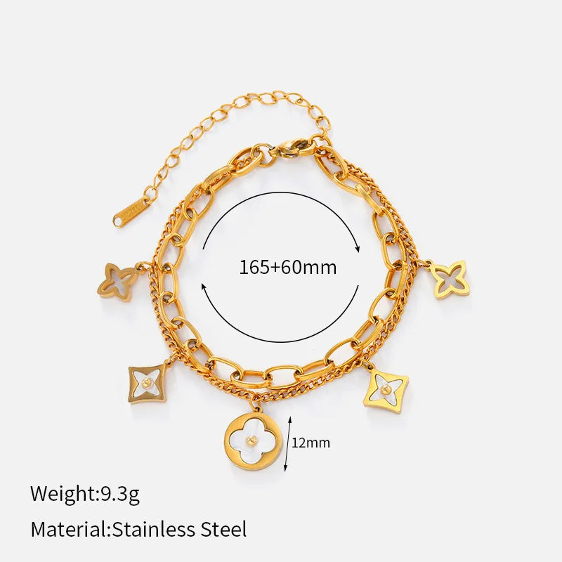 European American High-End Design Double-Layer Stainless Steel for Bracelet for Women Fashion Beaded Four-leaf Clover Steel