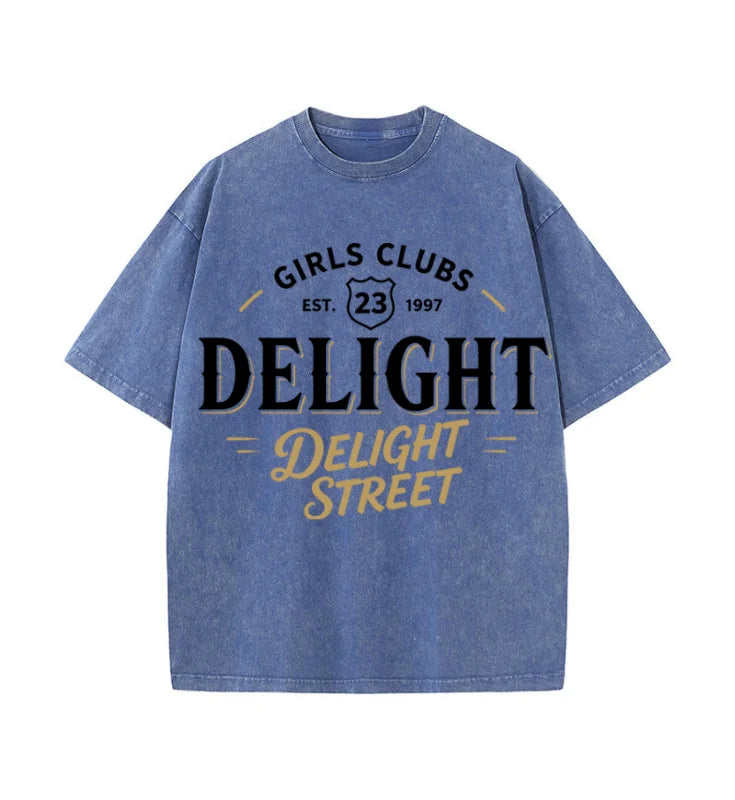 Oversized Washed Retro Delight Street Girls Club Retro Text Print Streetwear T Shirt USA Stock Wholesale Y2K Men Hip Hop Casual