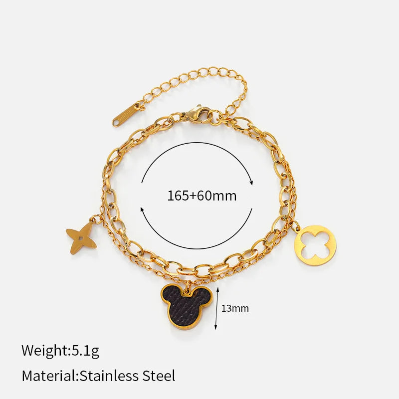 European American High-End Design Double-Layer Stainless Steel for Bracelet for Women Fashion Beaded Four-leaf Clover Steel