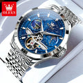 OLEVS Brand Luxury Tourbillon Mechanical Watch for Men Stainless Steel Waterproof Luminous Moon Phase Fashion Starry Sky Watches