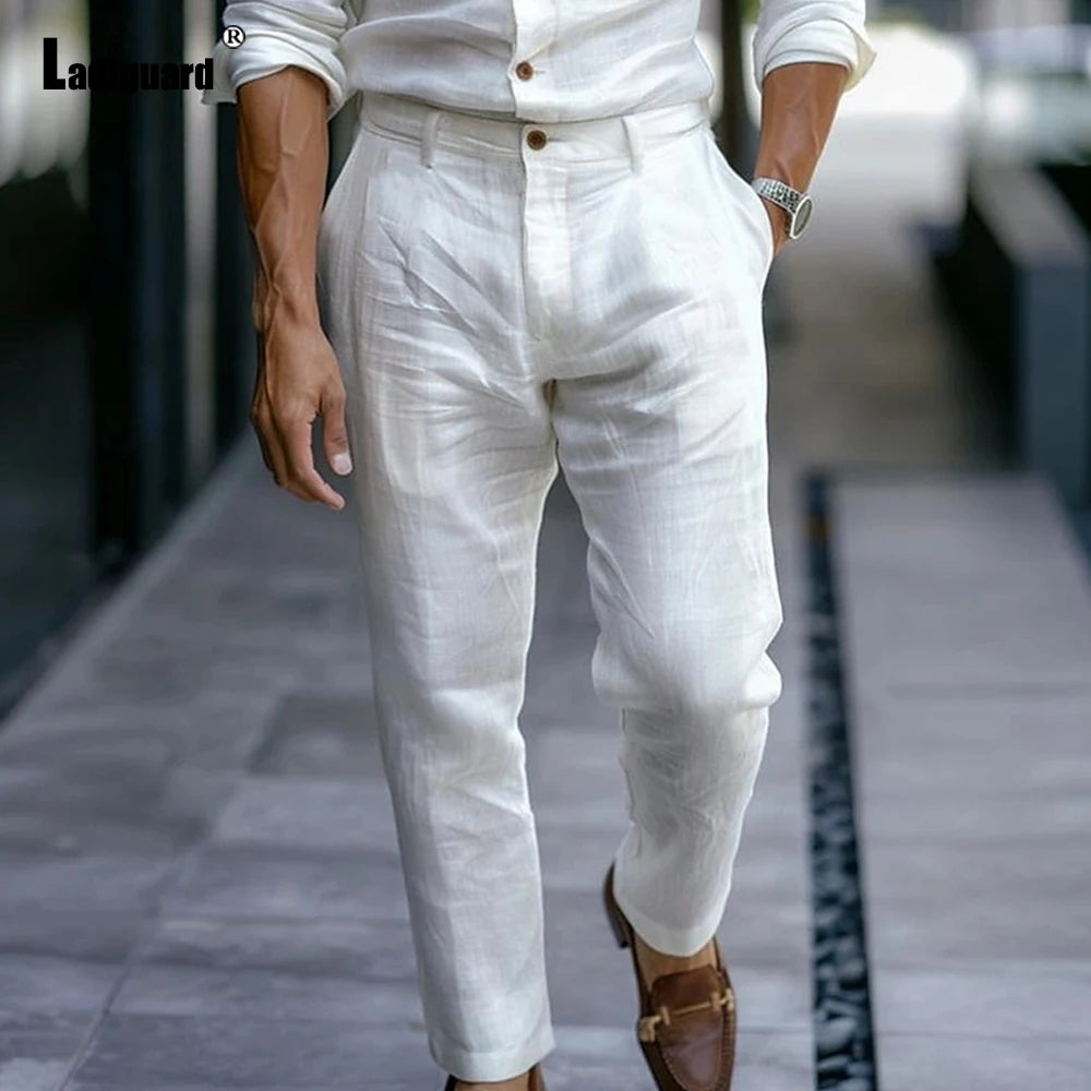 2025 Men's Stand Pocket LInen Beach Pants Solid White Trouser Plus Size Mens Casual Straight Pants Male Ankle-Length Bottoms New
