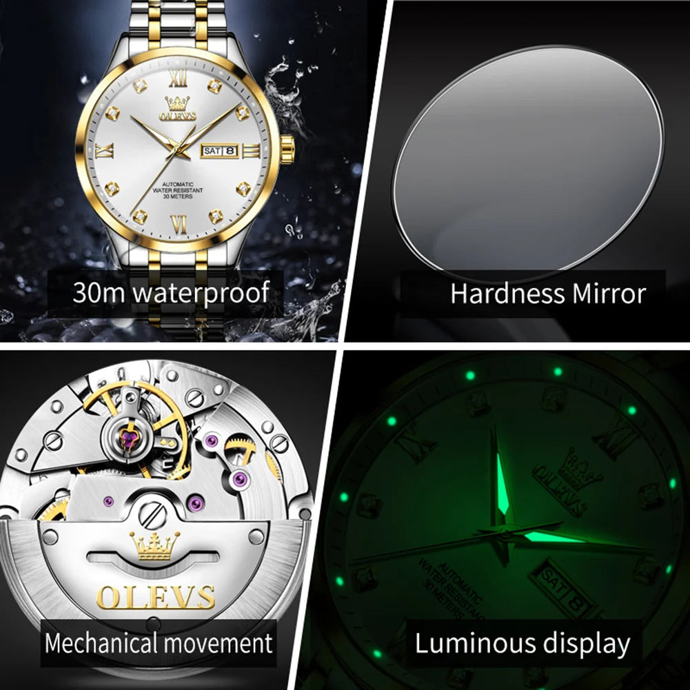 OLEVS 9946 Mens Watch Luxury Automatic Mechanical Watch Waterproof Luminous Watch For Men Date Diamond Scale Day-Date Watch