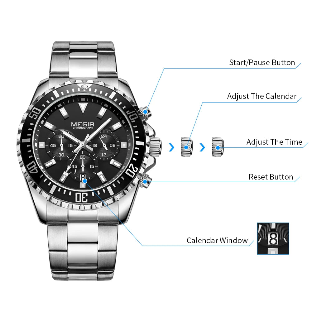 MEGIR Original Luxury Men Business Quartz Watches Stainless Steel Chronograph Military Wristwatch Clock Relogio Masculino 2064