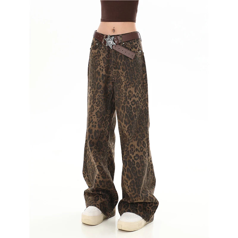 American Retro High Street Casual Overalls Leopard Print Loose Wide Leg Pants For Women Y2k Hip-hop Cargo Grunge Baggy Trousers