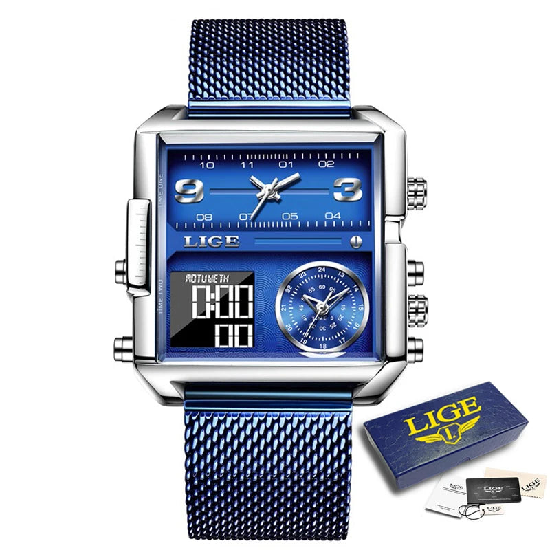 LIGE New Top Brand Luxury Fashion Men Watches Gold Steel Sports Square Digital Analog Big Quartz Watch for Man relogio masculino