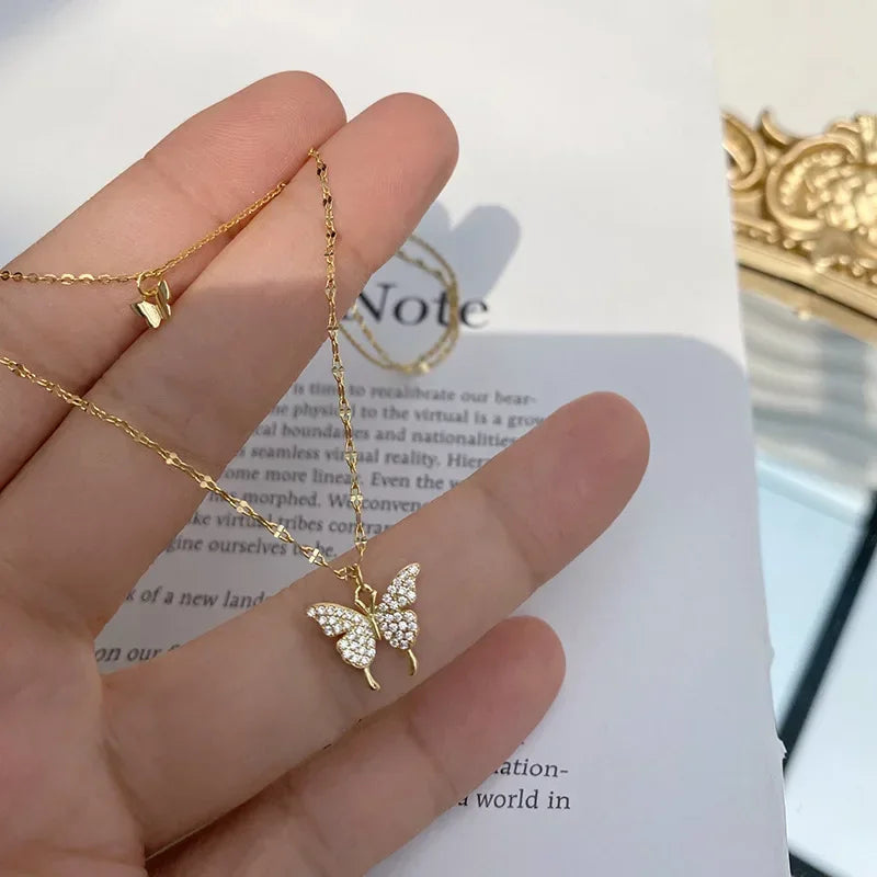 925 Sterling Silver Shiny CZ Butterfly Necklace Ladies Exquisite Double Layer Clavicle Chain Necklace Jewelry For Ladies Gift