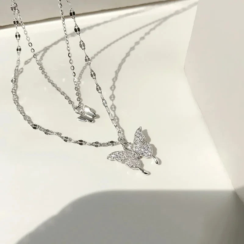 925 Sterling Silver Shiny CZ Butterfly Necklace Ladies Exquisite Double Layer Clavicle Chain Necklace Jewelry For Ladies Gift