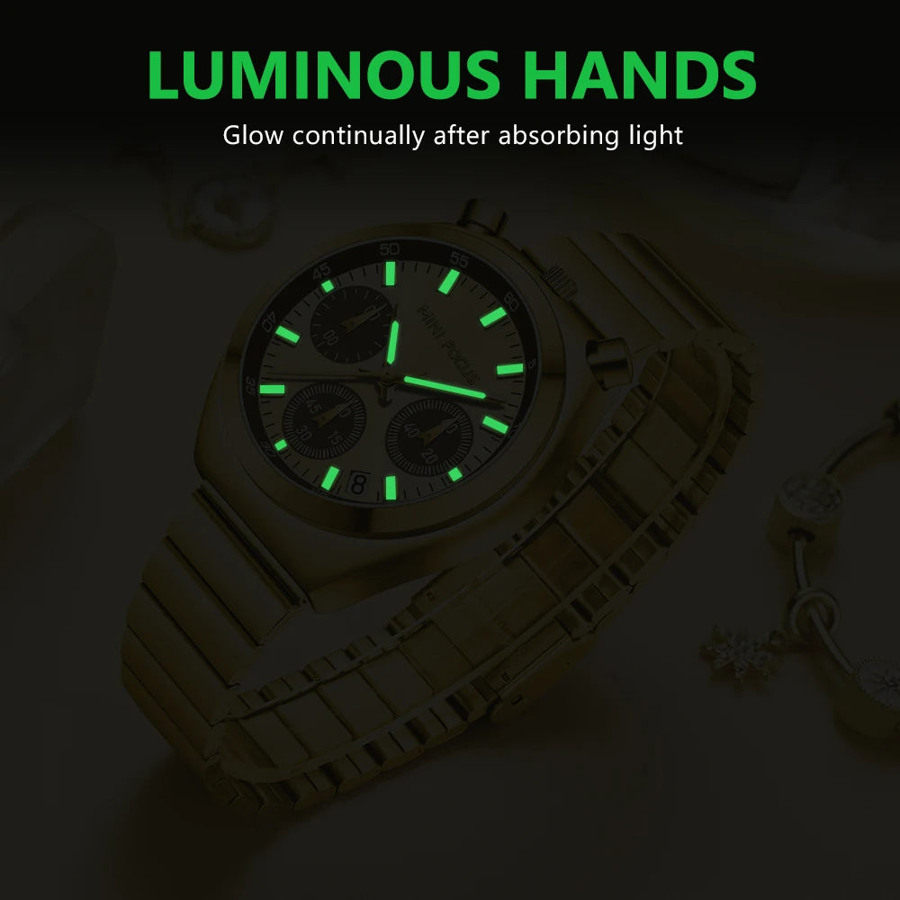 MINI FOCUS Silver Green Quartz Watch for Women Fashion Stainless Steel Band Chronograph Wristwatch with Luminous Hands Date 0491
