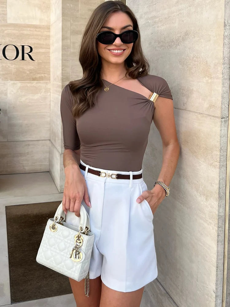 HH Vintage Women's Asymmetric Bustier Tops 2025 Female Sexy Skew Collar Off-shoulder Pleated Metal Decorate Shirt Streetwear