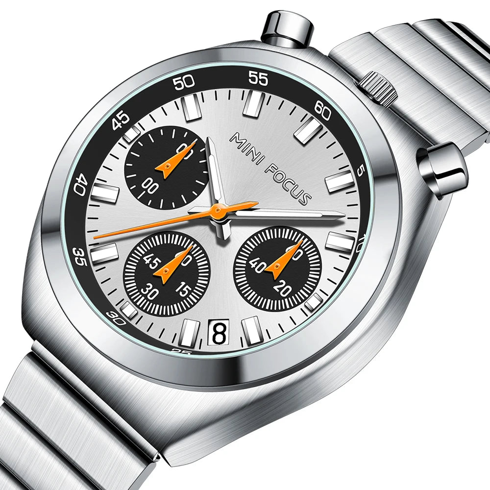 MINI FOCUS Silver Green Quartz Watch for Women Fashion Stainless Steel Band Chronograph Wristwatch with Luminous Hands Date 0491