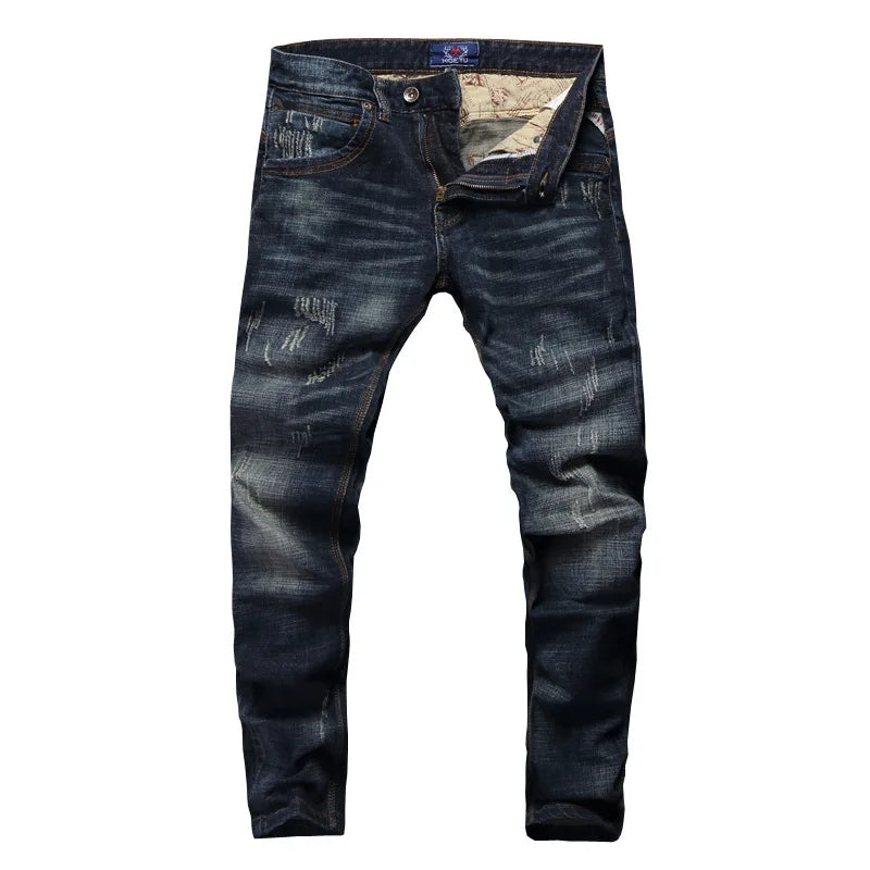 Newly Fashion Designer Men Jeans Retro Green Blue Slim Fit Ripped Jeans Men Trousers Vintage Casual Cotton Denim Pants Hombre