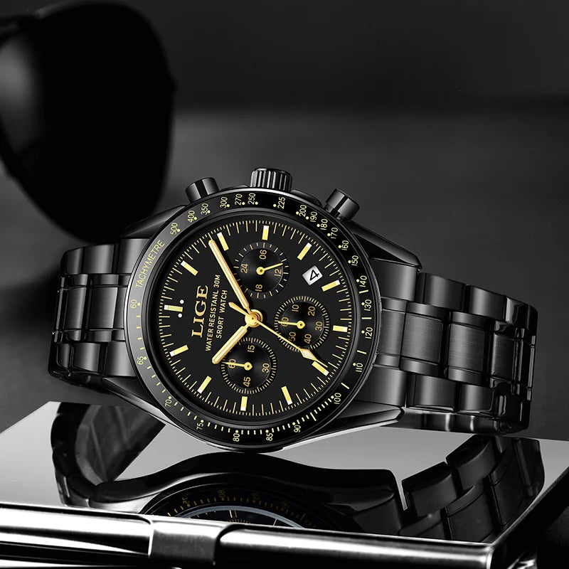 LIGE Luxury Men Watches Luminous Calendar Quartz Watch Mens Waterproof Stainless Steel Man Wristwatch Sport Business Male Clock