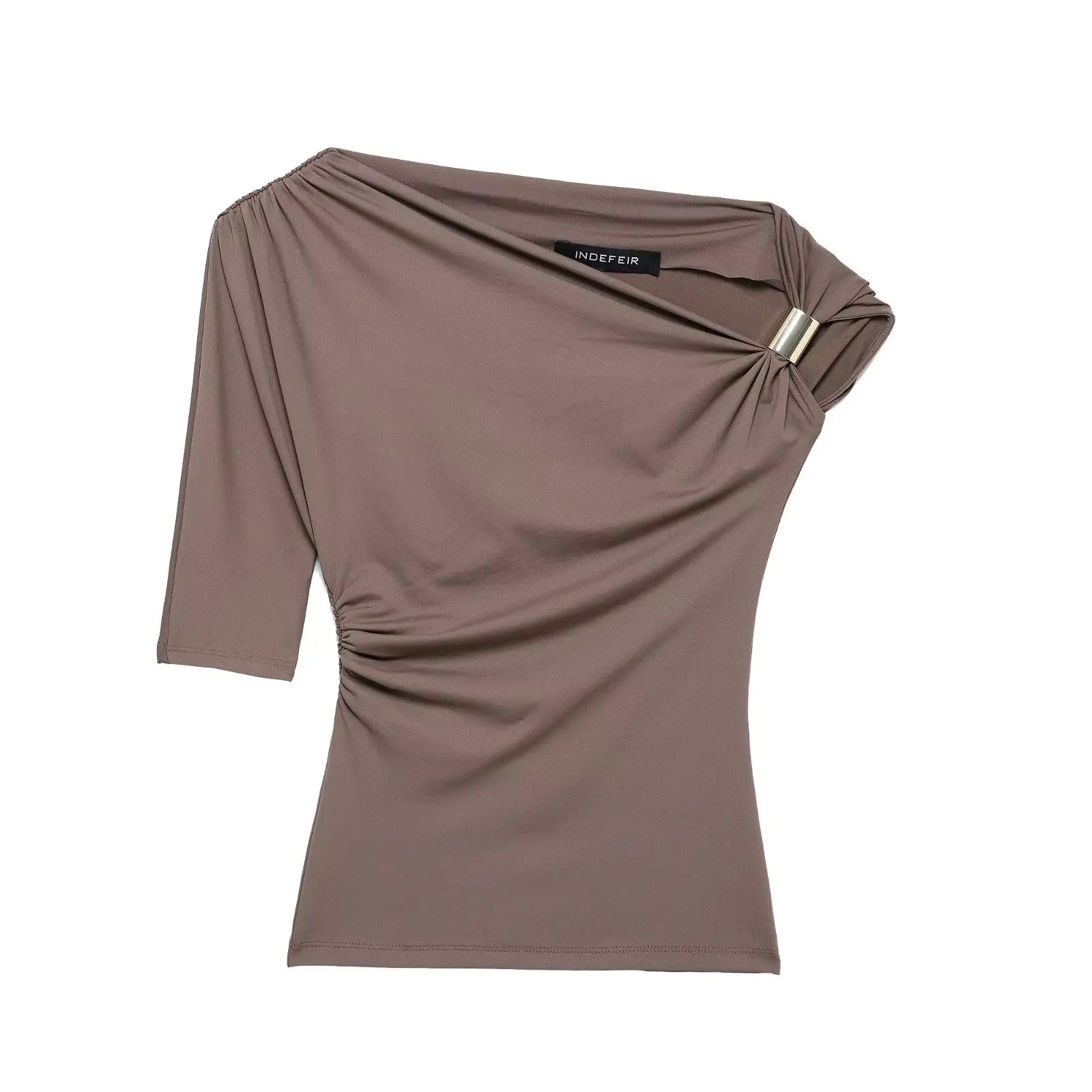 HH Vintage Women's Asymmetric Bustier Tops 2025 Female Sexy Skew Collar Off-shoulder Pleated Metal Decorate Shirt Streetwear