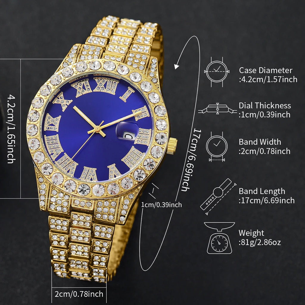 Luxury Full Diamond Men Calendar Quartz Watch Fashion Stainless Steel Band Male Quartz Wristwatches Date Clock Reloj Hombre