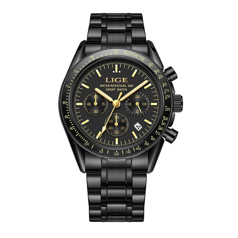 LIGE Luxury Men Watches Luminous Calendar Quartz Watch Mens Waterproof Stainless Steel Man Wristwatch Sport Business Male Clock