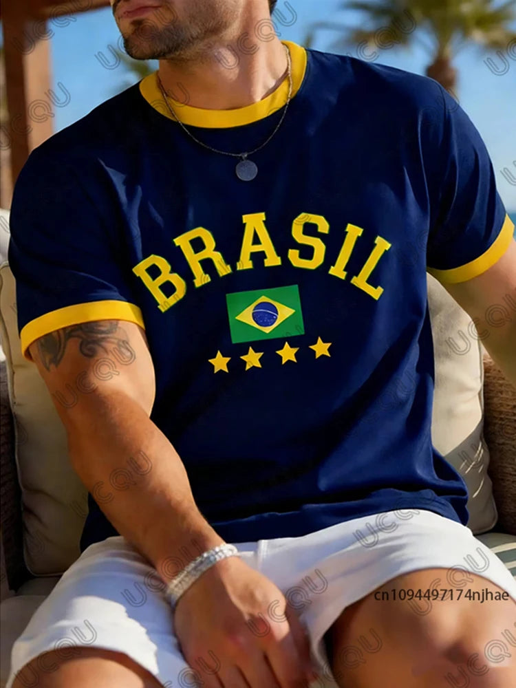 Summer New Brazilian Flag 3D Printed Large-sized Men's T-shirt Is Loose and Comfortable, Suitable for Outdoor Wear