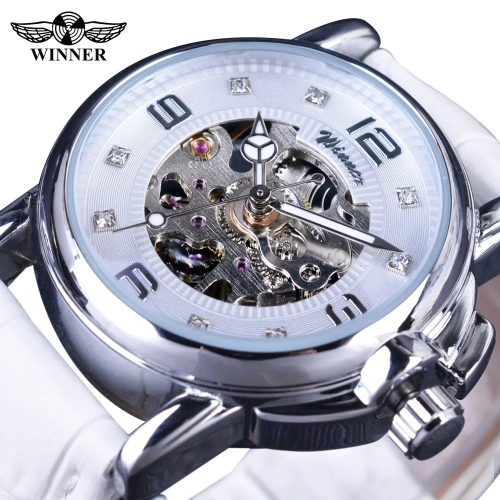 Fashion Winner Top Brand Ladies Diamond Display Women Luxury White Simple Skeleton Transparent Case Automatic Mechanical Watches
