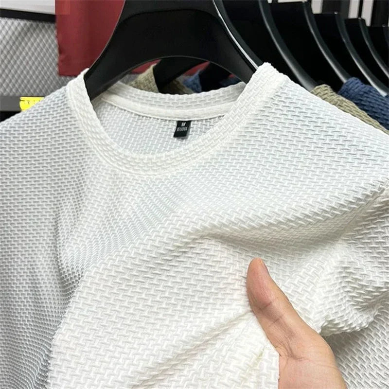 Summer Men's Round Neck Short Sleeved T-shirt M-5XL Oversize Wrinkle Resistant Breathable Top Texture Fabric Versatile Tees