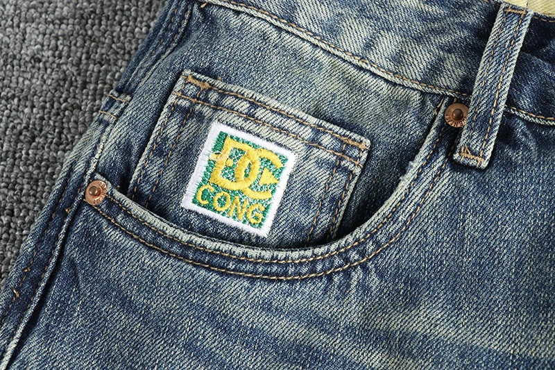 Size 40 14oz Embroidery High Street Washed Cat Whiskers Denim Jeans Men's Loose Fit Tapered Straight Versatile Pants Cityboys