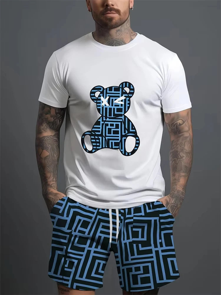 2025 Summer Daily Casual Men's Set Outdoor Sports Men's Beach Shorts Urban Fashion Bear Print Men's Short Sleeve T-shirt Lightwe