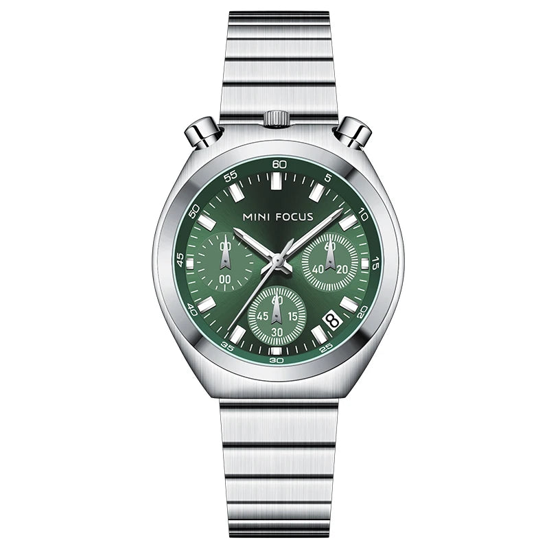 MINI FOCUS Silver Green Quartz Watch for Women Fashion Stainless Steel Band Chronograph Wristwatch with Luminous Hands Date 0491