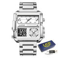 LIGE New Top Brand Luxury Fashion Men Watches Gold Steel Sports Square Digital Analog Big Quartz Watch for Man relogio masculino