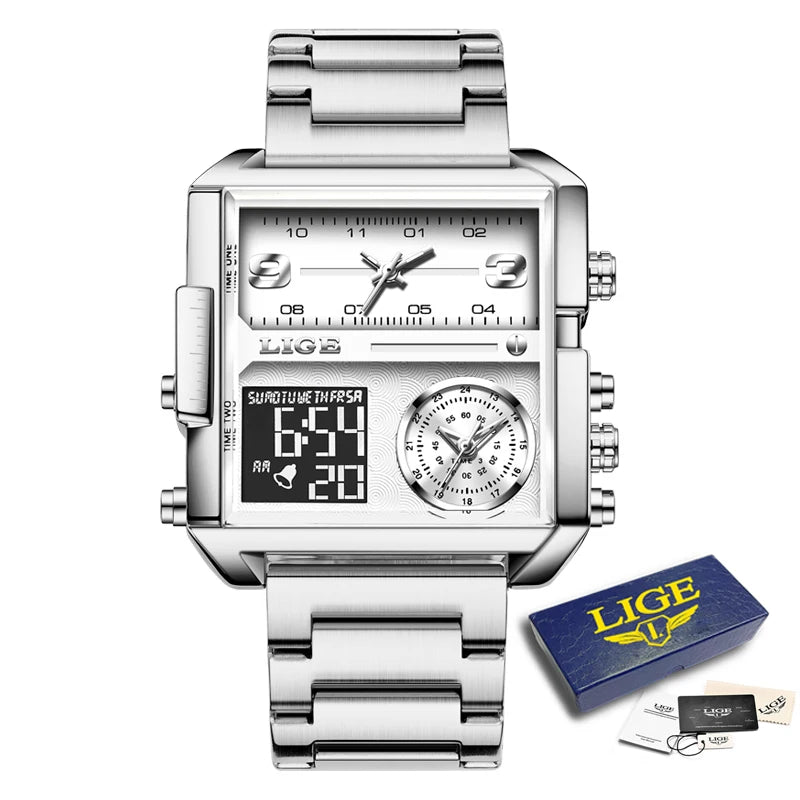 LIGE New Top Brand Luxury Fashion Men Watches Gold Steel Sports Square Digital Analog Big Quartz Watch for Man relogio masculino