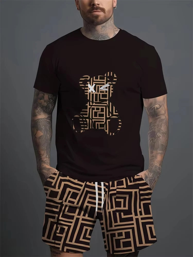 2025 Summer Daily Casual Men's Set Outdoor Sports Men's Beach Shorts Urban Fashion Bear Print Men's Short Sleeve T-shirt Lightwe