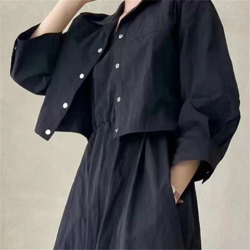 REALEFT Summer 2 Pieces Women's Dress Suits Turn-down Short Jacket and Solid Casual Tank Dress Sets Outfits 2024 New Spring