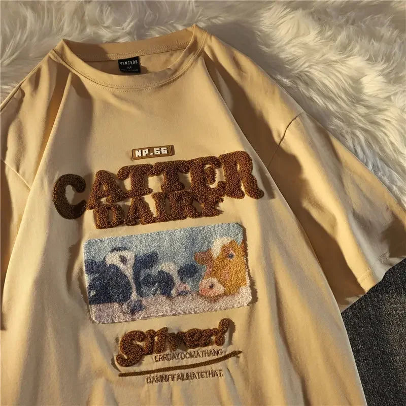 Cotton Oversize Flocking Tees American Ancient Calf Short Sleeve Shirt Men Women Summer Vintage Letter Streetwear Top