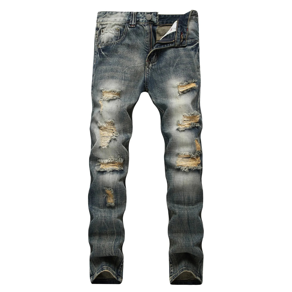 Cross-Border Men's Wear Ripped Straight-Leg Slim Fit Smooths Your Silhouette No Stretch Jeans Light-Colored Denim Trousers Amazo