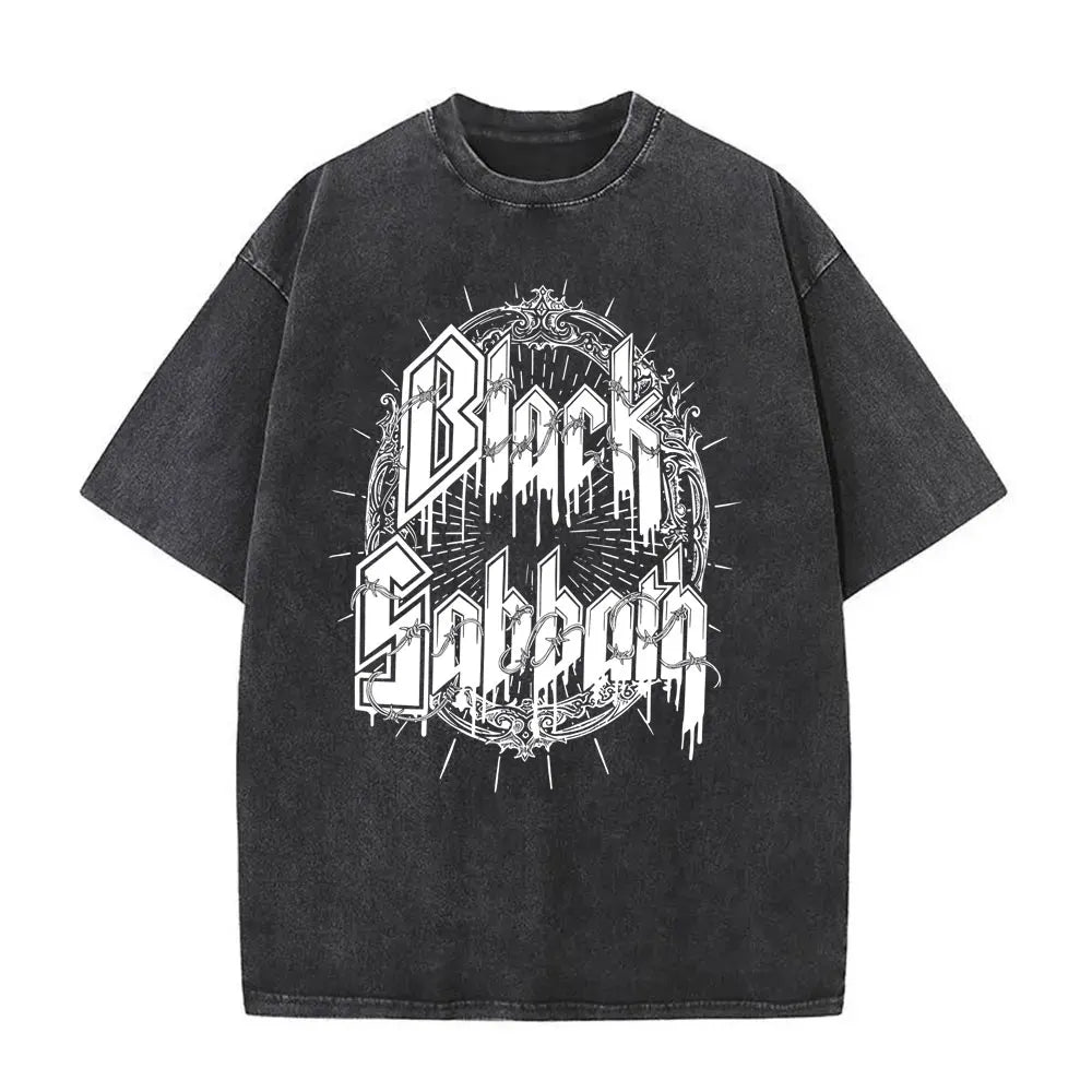 Short Sleeved Round Neck Y2k Tshirt Men Clothing New in Top & Tees Mens T-Shirt Heavy Metal Rock Band Black Sabbath Tour Washed